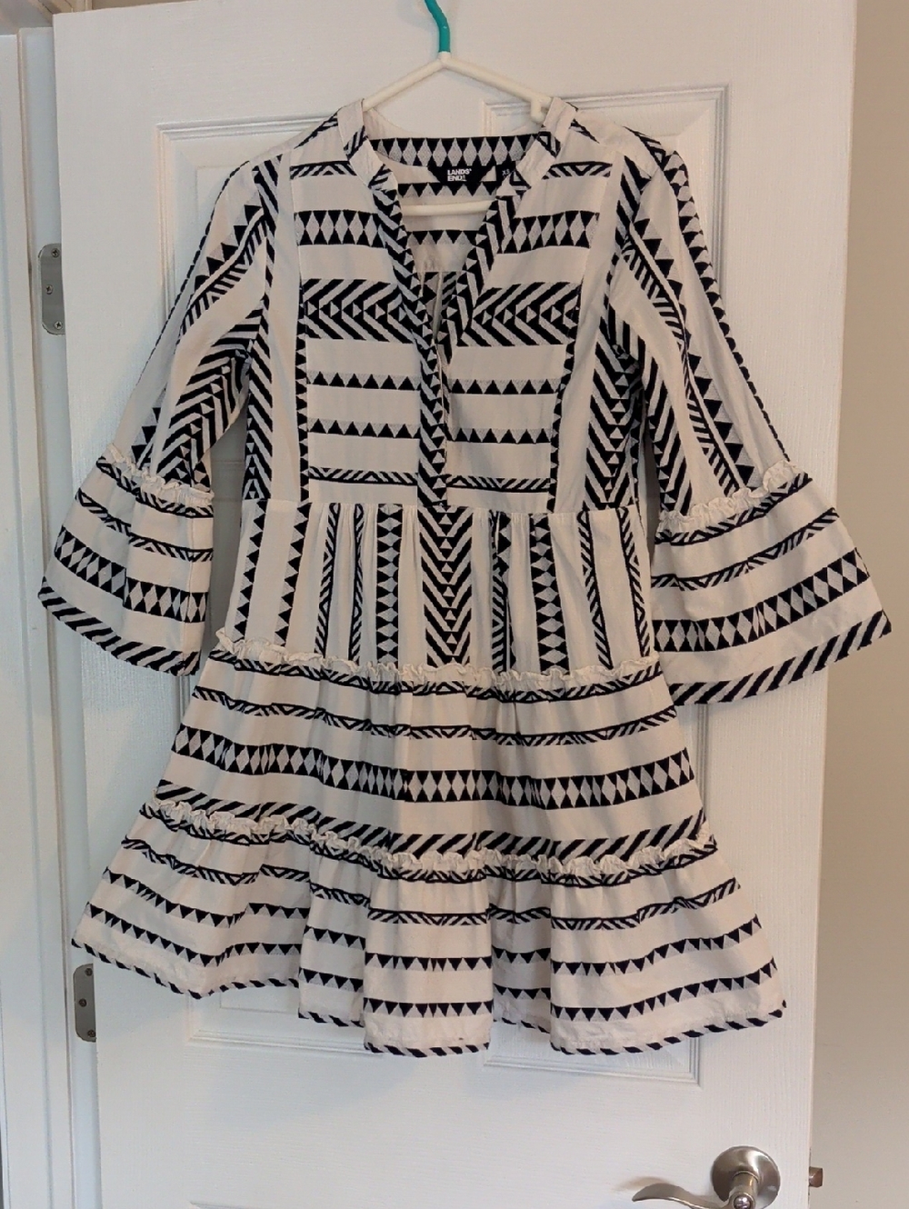 Women's Lands' End Navy and White Geometric Tiered Dress, Size 2-4